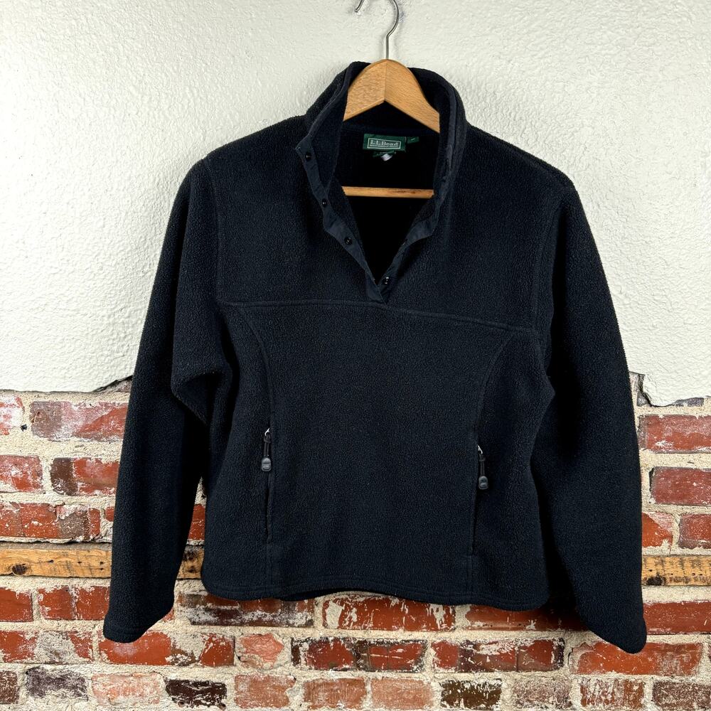 Vintage LL Bean Jacket Womens Medium Black Fleece 1/4 Snap Pullover Outdoors